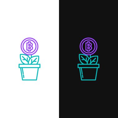 Esrar ikonundaki yeşil ve mor çizgi Bitcoin bitkisi beyaz ve siyah arkaplanda izole edilmiş. Yatırım artışı. Engelleme teknolojisi, kripto para madenciliği. Vektör İllüstrasyonu