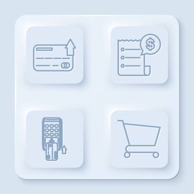 Hat kredi kartı, çek ve mali çek eklenmiş kredi kartı ve alışveriş arabasıyla Pos terminali. Beyaz kare düğme. Vektör