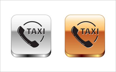 Siyah Taksi çağrı servisi simgesi beyaz arkaplanda izole edildi. Akıllı telefon taksisi. Gümüş-altın kare düğme. Vektör İllüstrasyonu