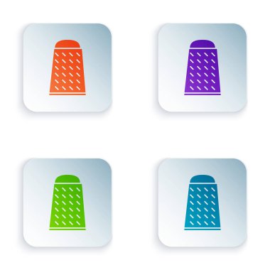 Renk Grater simgesi beyaz arkaplanda izole edildi. Mutfak sembolü. Mutfak aletleri. Çatal bıçak seti. Kare düğmelere simgeleri yerleştir. Vektör İllüstrasyonu