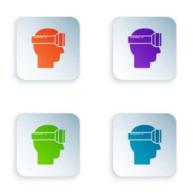 Beyaz arkaplanda izole edilmiş renkli sanal gerçeklik gözlüğü simgesi. Stereoskopik 3D VR maskesi. Renkli kare düğmelere simgeleri yerleştir. Vektör İllüstrasyonu