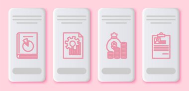 Satır Kullanıcı Kılavuzu, grafik grafikli belge, para çantası ve para ve özgeçmişi olan pano ayarlayın. Beyaz dikdörtgen düğme. Vektör