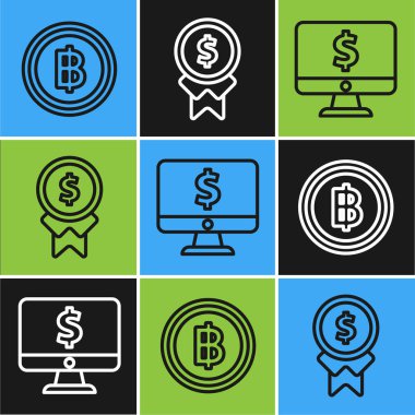 Kripto para birimi Bitcoin, dolar sembollü bilgisayar monitörü ve iyi iş simgesi ödülünü ayarla. Vektör