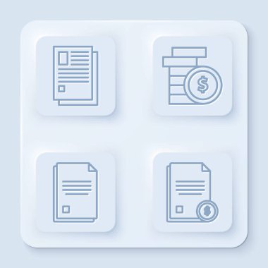 Satır Dosyası belgesi, dolar sembollü madeni para, Dosya belgesi ve Finans belgesi ayarla. Beyaz kare düğme. Vektör