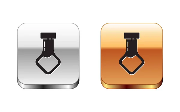 Zwarte reageerbuis en kolf chemisch laboratorium pictogram geïsoleerd op witte achtergrond. Laboratorium glaswerk bord. Zilverkleurig-gouden vierkante knop. Vector Illustratie — Stockvector