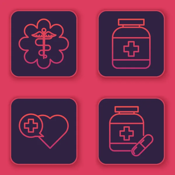 Σετ γραμμή έκτακτης ανάγκης αστέρι ιατρικό σύμβολο Caduceus φίδι με ραβδί, Καρδιά με σταυρό, μπουκάλι φάρμακο και φάρμακο μπουκάλι και χάπια. Μπλε τετράγωνο κουμπί. Διάνυσμα — Διανυσματικό Αρχείο