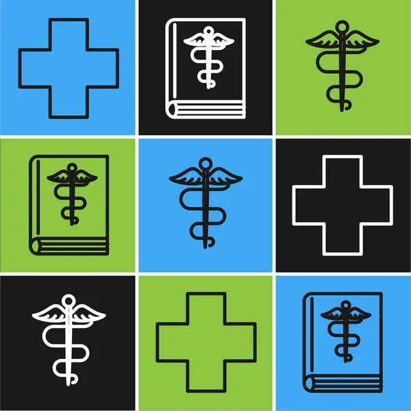 Set Line Médico Hospital Cruzado Símbolo Médico Serpiente Caduceus Icono — Archivo Imágenes Vectoriales