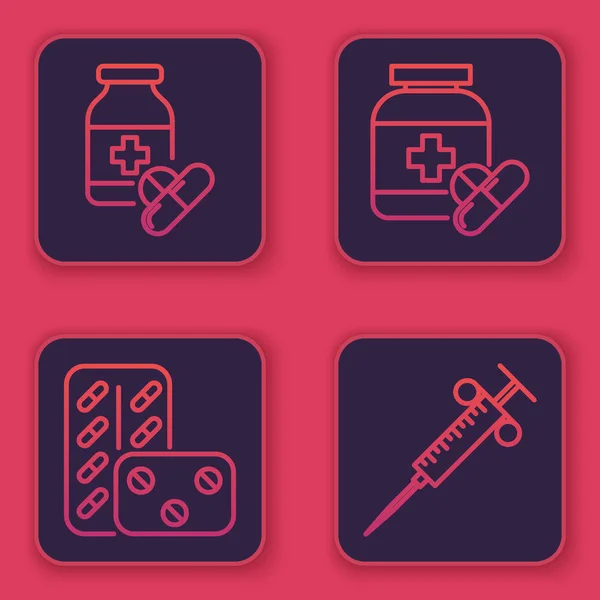 ラインを設定します医学ボトルと薬,ブリスターパックの薬,医学ボトルと薬と注射器と注射器.青い四角形のボタン。ベクトル — ストックベクタ