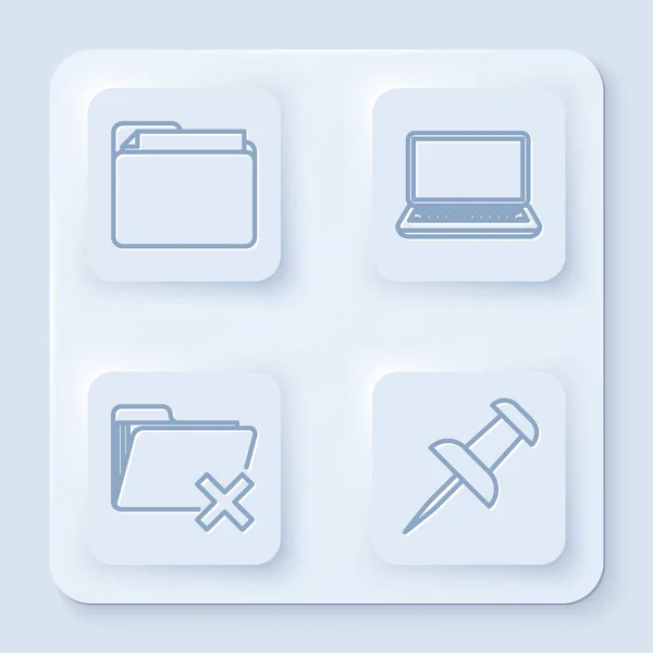 Set lijn Document map, Laptop, Delete map en Push pin. Witte vierkante knop. Vector — Stockvector