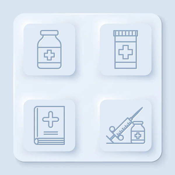 Set Line Medizinflasche, Medizinflasche, medizinisches Buch und medizinische Spritze mit Nadel und Fläschchen oder Ampulle. weiße quadratische Taste. Vektor — Stockvektor
