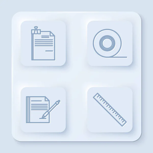 Establecer línea Documento de archivo y clip aglutinante, Escocés, Cuaderno en blanco y pluma y Regla. Botón cuadrado blanco. Vector — Archivo Imágenes Vectoriales