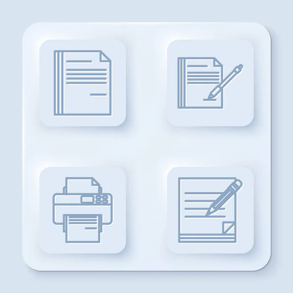 Ορισμός εγγράφου αρχείου γραμμής, κενό σημειωματάριο και στυλό, εκτυπωτή και κενό σημειωματάριο και μολύβι με γόμα. Λευκό τετράγωνο κουμπί. Διάνυσμα — Διανυσματικό Αρχείο