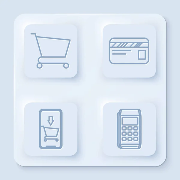 Set Line Warenkorb, Kreditkarte, Handy und Warenkorb und Pos-Terminal. weiße quadratische Taste. Vektor — Stockvektor