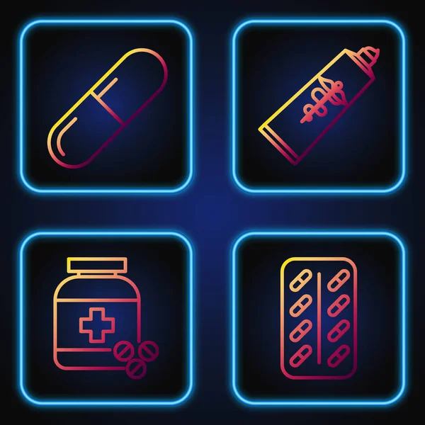 Встановіть лінію таблетки в блістерній упаковці, пляшку ліків і таблетки, таблетки або таблетки та ліки для крему для мазей. Градієнтні піктограми кольорів. Векторні — стоковий вектор