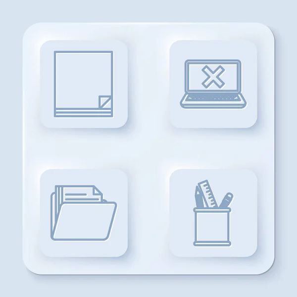 Establezca la línea Documento de archivo, Laptop y marca cruzada en la pantalla, Carpeta de documento y Papelería de estuche de lápiz. Botón cuadrado blanco. Vector — Archivo Imágenes Vectoriales