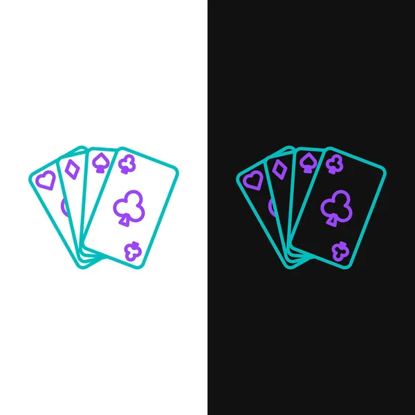 绿线和紫色线打牌图标孤立在白色和黑色背景 赌场赌博 病媒图解 — 图库矢量图片