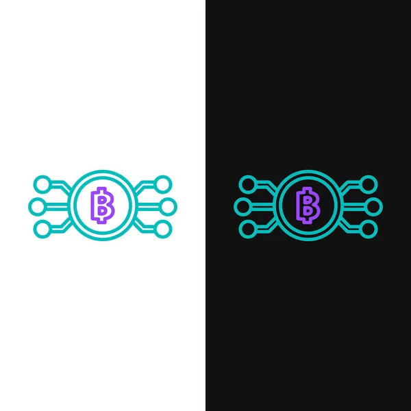 Зеленая Фиолетовая Линия Cryptocurrency Bitcoin Круге Иконкой Микрочипа Изолированной Белом — стоковый вектор