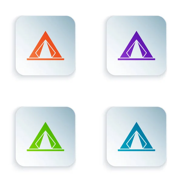 Färg turist tält ikon isolerad på vit bakgrund. Camping symbol. Ställ in ikoner i färgglada fyrkantiga knappar. Vektor illustration — Stock vektor