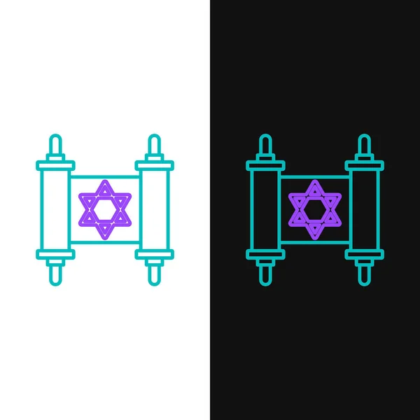 Groene Paarse Lijn Torah Scroll Pictogram Geïsoleerd Witte Zwarte Achtergrond — Stockvector