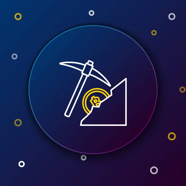 Beyaz ve sarı çizgi kripto para birimi bulut maden ikonu koyu mavi arka planda. Kazmalı bulut, bitcoin, dijital para piyasası, kripto para cüzdanı. Renkli taslak konsepti. Vektör İllüstrasyonu