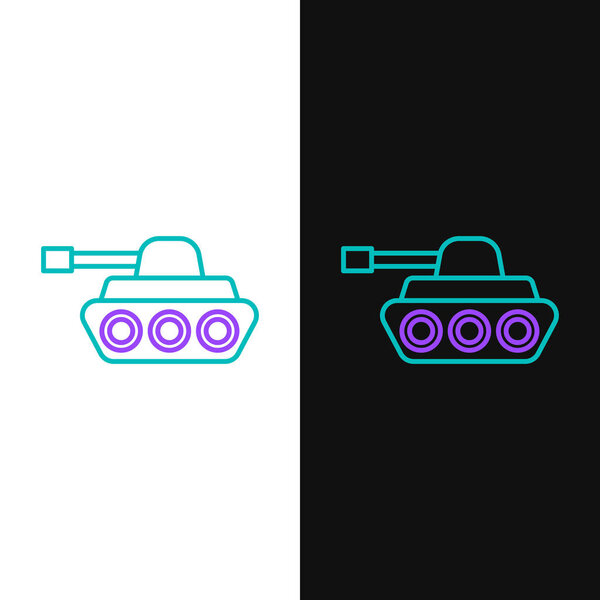 Green and purple line Military tank icon isolated on white and black background.  Vector Illustration