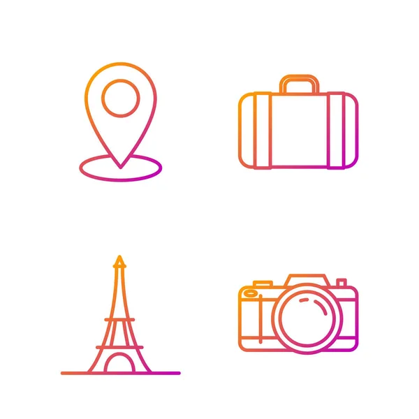 Indstil Linje Fotokamera Eiffeltårn Kort Pin Kuffert Til Rejser Gradient – Stock-vektor