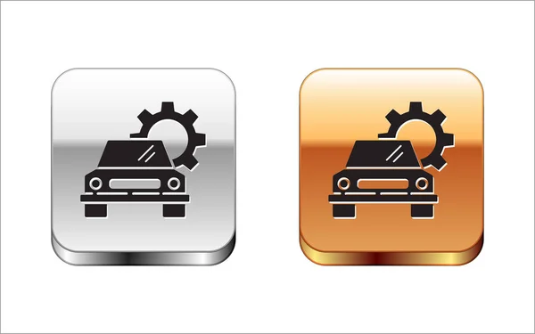 Schwarzes Auto-Service-Symbol isoliert auf weißem Hintergrund. Automechaniker-Service. Reparaturservice Automechaniker. Wartungsschild. Silber-Gold quadratischer Knopf. Vektorillustration — Stockvektor