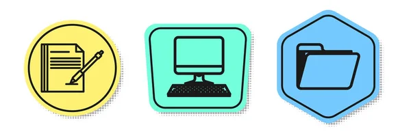 设置行空白笔记本电脑和钢笔 电脑显示器与键盘和文件文件夹 彩色的形状 — 图库矢量图片
