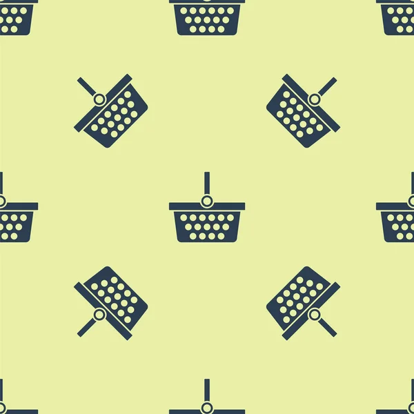 Blue Nákupní košík ikona izolované bezešvé vzor na žlutém pozadí. Online nákupní koncept. Podpis doručovací služby. Symbol nákupního košíku. Vektorová ilustrace — Stockový vektor