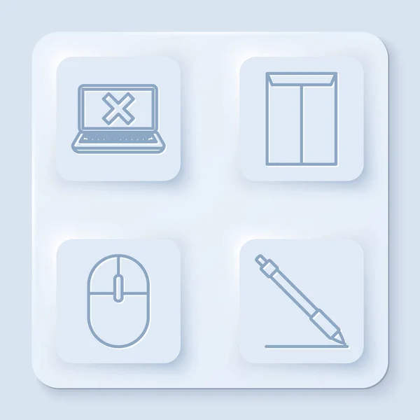 Stel lijn Laptop en kruis merk op het scherm, Envelop, Computer muis en Pen lijn. Witte vierkante knop. Vector — Stockvector
