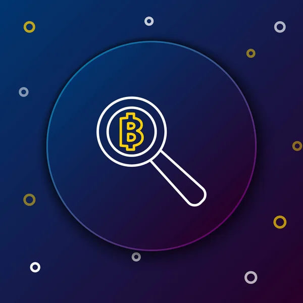 White and yellow line Magnifying glass with Bitcoin icon on dark blue background. Physical bit coin. Blockchain based secure crypto currency. Colorful outline concept. Vector Illustration — Stock Vector