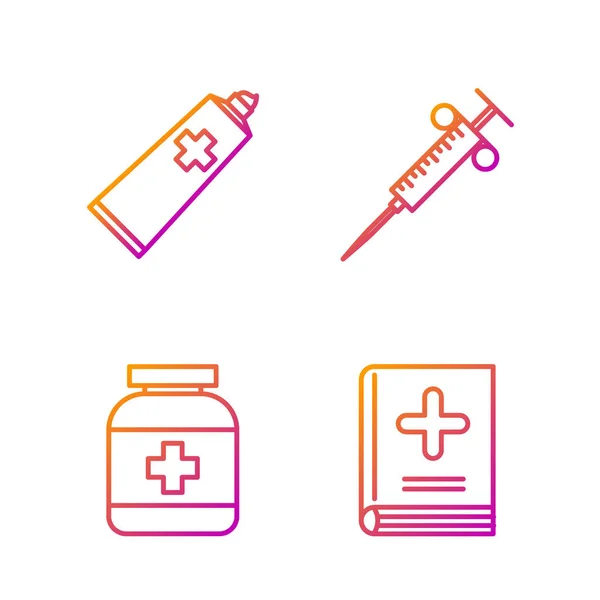 ラインを設定医学書 医学ボトル 軟膏クリームチューブ医学と注射器 グラデーションのアイコン ベクトル — ストックベクタ