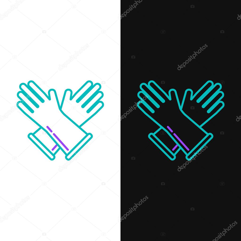 Green and purple line Rubber gloves icon isolated on white and black background. Latex hand protection sign. Housework cleaning equipment symbol.  Vector Illustration