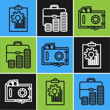 Grafik çizelgesi, kasa, para ve evrak çantası ve madeni para simgesiyle panoyu ayarla. Vektör