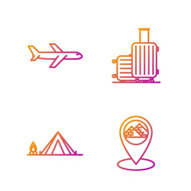 Mısır piramitleri, odun ateşiyle turist çadırı, seyahat için uçak ve bavul. Renk simgeleri. Vektör