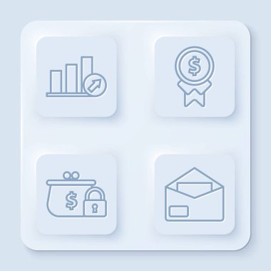 Satır sunumunu grafik, çizelge, grafik, grafik, bilgi grafiği, pasta grafiği, iyi iş için ödül, kilitli cüzdan ve zarf ile ayarla. Beyaz kare düğme. Vektör