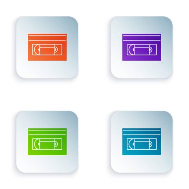 Beyaz arkaplanda izole edilmiş renkli Vhs video kaset simgesi. Kare düğmelere simgeleri yerleştir. Vektör İllüstrasyonu