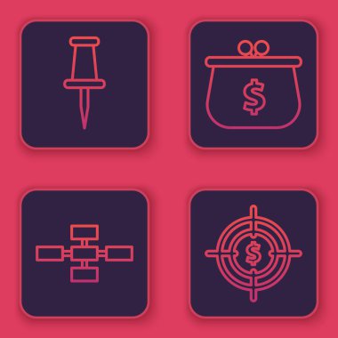 Line Push pimi, iş hiyerarşisi organizogram grafiği bilgi grafikleri, dolar sembollü cüzdan ve dolar sembollü hedef. Mavi kare düğme. Vektör