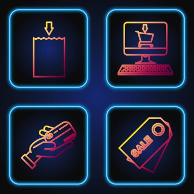 Fiyat etiketini bir yazıt satışıyla, insan elini kredi kartıyla tutarak, kağıt alışveriş torbası ve alışveriş arabasını ekran bilgisayarına yerleştirin. Renk simgeleri. Vektör