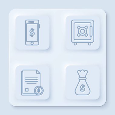 Dolar sembollü Akıllı Telefon, Güvenli, Mali Belge ve Para Çantası 'nı ayarla. Beyaz kare düğme. Vektör