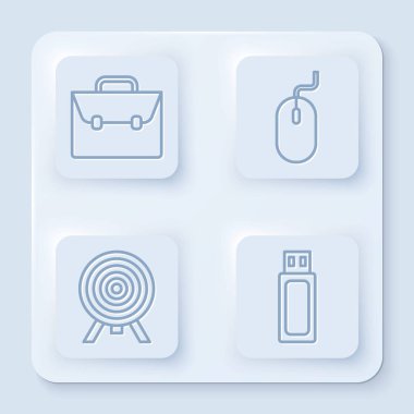 Satır Çantası, Bilgisayar faresi, Hedef ve Usb flash diskini ayarla. Beyaz kare düğme. Vektör