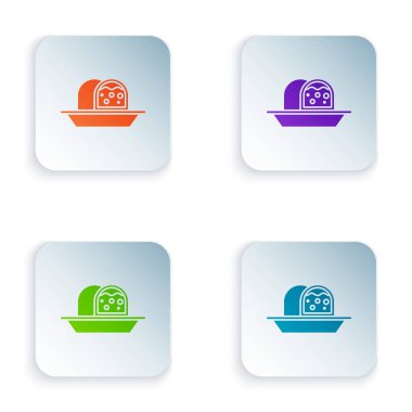 Beyaz arkaplanda izole edilmiş renkli badem ezmeli kek ikonu. Mutlu Noeller ve mutlu yıllar. Kare düğmelere simgeleri yerleştir. Vektör İllüstrasyonu