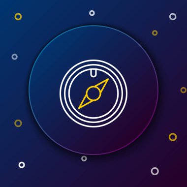 Beyaz ve sarı çizgi Koyu mavi arka planda izole rüzgar gül simgesi. Seyahat için pusula simgesi. Navigasyon tasarımı. Renkli anahat konsepti. Vektör İllüstrasyonu