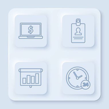 Dizüstü bilgisayarı dolar sembolü, kimlik kartı, grafik, çizelge, diyagram, bilgi grafiği, turta grafiği ve saat olan sunum finans kurulu ile ayarla. Beyaz kare düğme. Vektör