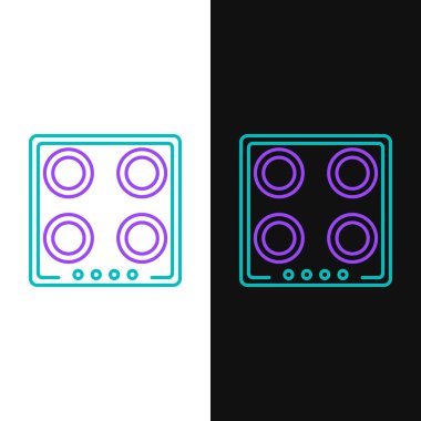 Yeşil ve mor çizgili ocak ikonu beyaz ve siyah arkaplanda izole edilmiş. Mutfak tabelaları. Dört daire ocağı olan bir hob. Vektör İllüstrasyonu