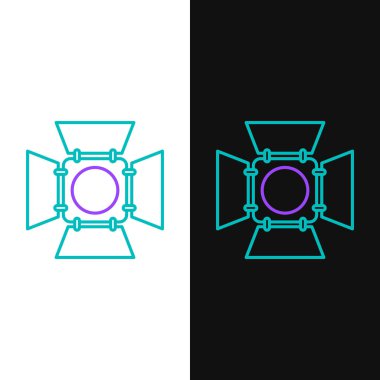Green and purple line Movie spotlight icon isolated on white and black background. Light Effect. Scene, Studio, Show.  Vector Illustration