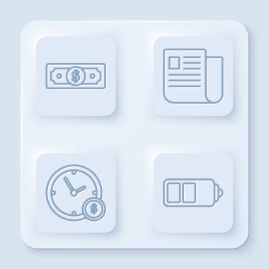 Hat Stacks kağıt para, Dosya belge, zaman para ve pil şarj seviyesi göstergesi. Beyaz kare düğme. Vektör