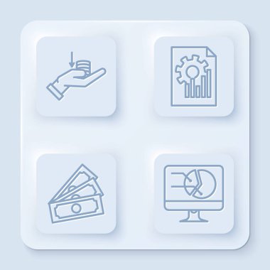 Hat Para 'yı hazır tut, grafik grafikli belge, kağıt para yığını ve grafik grafikli bilgisayar monitörü. Beyaz kare düğme. Vektör