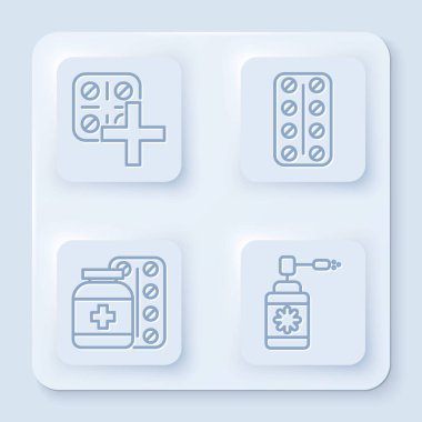 Çizgi hapları su toplayan paketlere, hapları su toplayan paketlere, ilaç şişelerine, haplara ve hortum spreyli tıbbi şişelere koyun. Beyaz kare düğme. Vektör