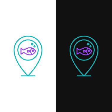 Yeşil ve mor çizgili balıkçı ikonu beyaz ve siyah arkaplanda izole edilmiş. Balıkçılık yeri. Vektör İllüstrasyonu